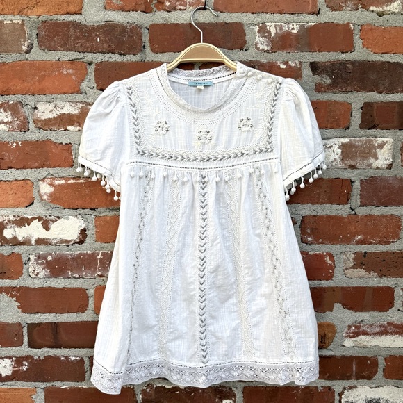 Anthropologie Leifnotes White Beaded Embroidered Boho Pom Pom Top‎ Size 2 - Picture 1 of 6